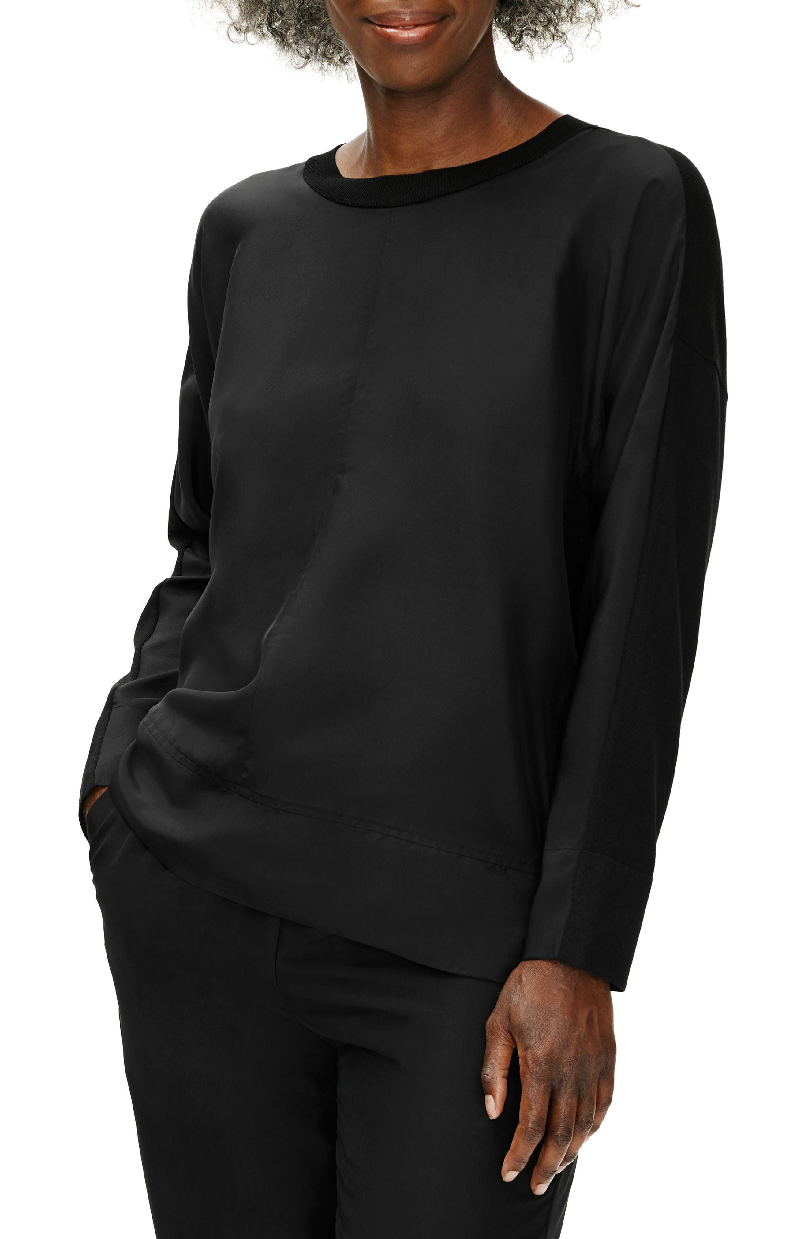 Eileen Fisher Cropped High-Low Sweater Long Sleeve Black PL 